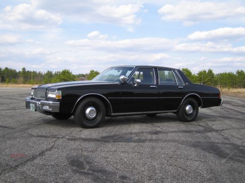 1991 Ford LTD Crown Victoria - This black sedan with steel wheels is parked on an asphalt lot under a cloudy sky.