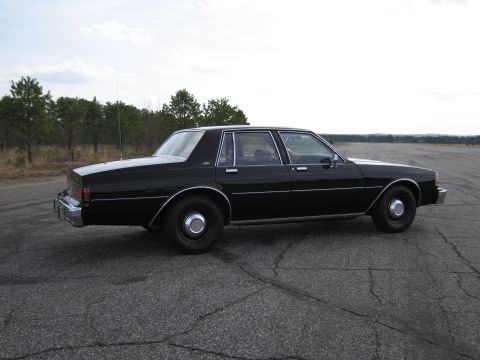 1991 Ford LTD Crown Victoria - This black sedan is parked on a cracked asphalt surface with trees and a cloudy sky in the background.