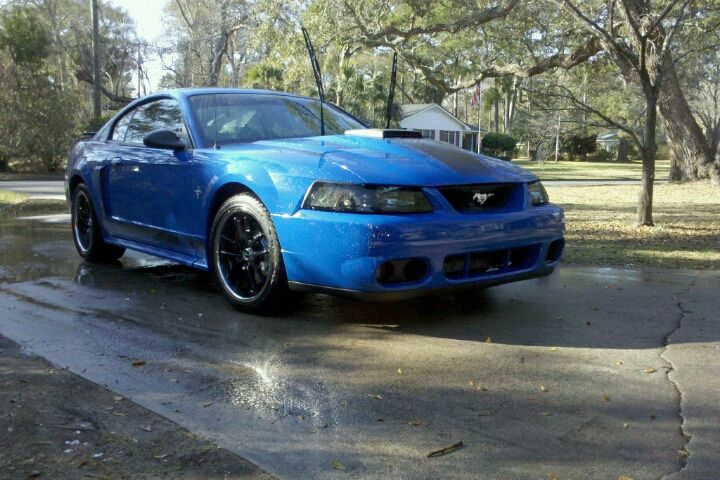 Blue Ford Mustang with black racing stripes and hood scoop parked on wet pavement