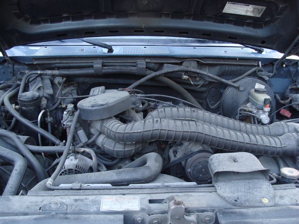 Engine bay with hoses, belts, and engine components visible