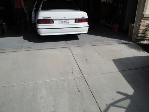 1989 Ford Taurus - The rear of a white 1989 Ford Taurus sedan is visible, parked in a driveway.