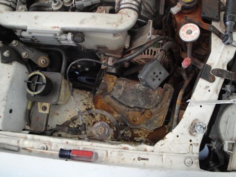 1989 Ford Taurus - The engine bay shows significant rust on several components, with a screwdriver resting in the foreground.