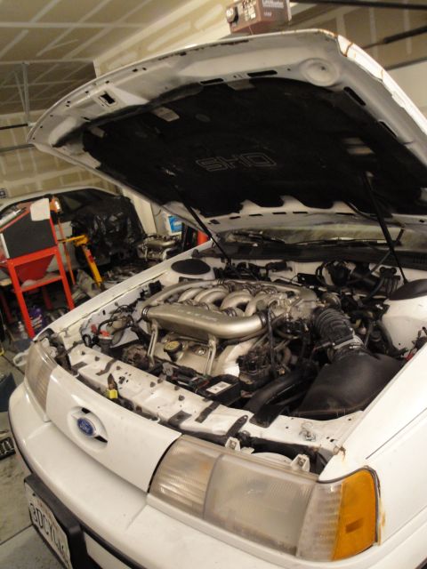 1989 Ford Taurus - The engine bay of a white Ford Taurus SHO, with the hood raised, revealing the V6 engine and intake system.