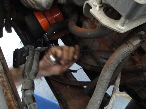 1989 Ford Taurus - A hand works on an engine bay, surrounded by hoses and wiring, with an orange oil filter in view.