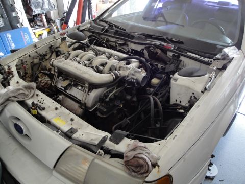 1989 Ford Taurus - The engine bay of a white 1989 Ford Taurus shows a V6 engine with a prominent intake manifold.