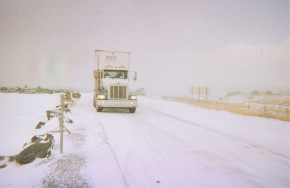 Green and white semi-truck on snowy foggy highway, front 3/4 view