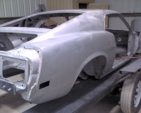 1970 Ford Mustang - This vehicle is undergoing restoration, with its bodywork prepped for paint.