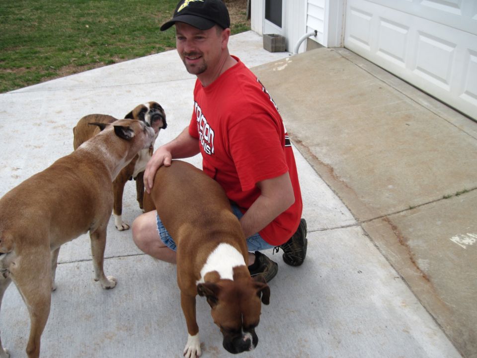 Man in red shirt with three boxer dogs on a concrete driveway