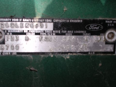 1979 Ford F-150 - VIN plate shows "1979" as the model year, confirming the registry claim.
