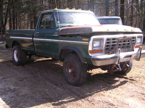 1979 Ford F-150 - This 1979 Ford F-150 pickup truck features a distinctive green paint job, a rusty hood, and a brush guard on the front bumper.