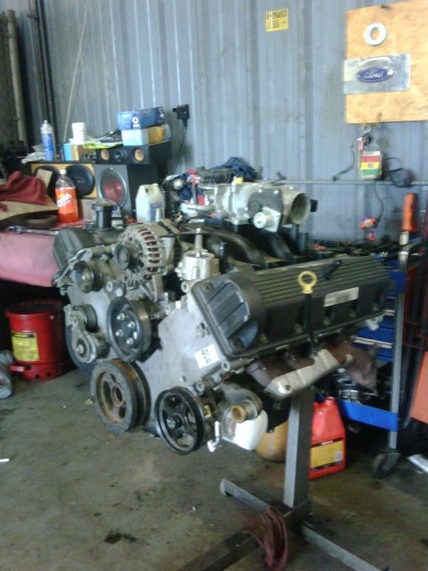 2005 Ford Crown Victoria - Engine assembly on a stand in a workshop, with various tools and fluids visible in the background.