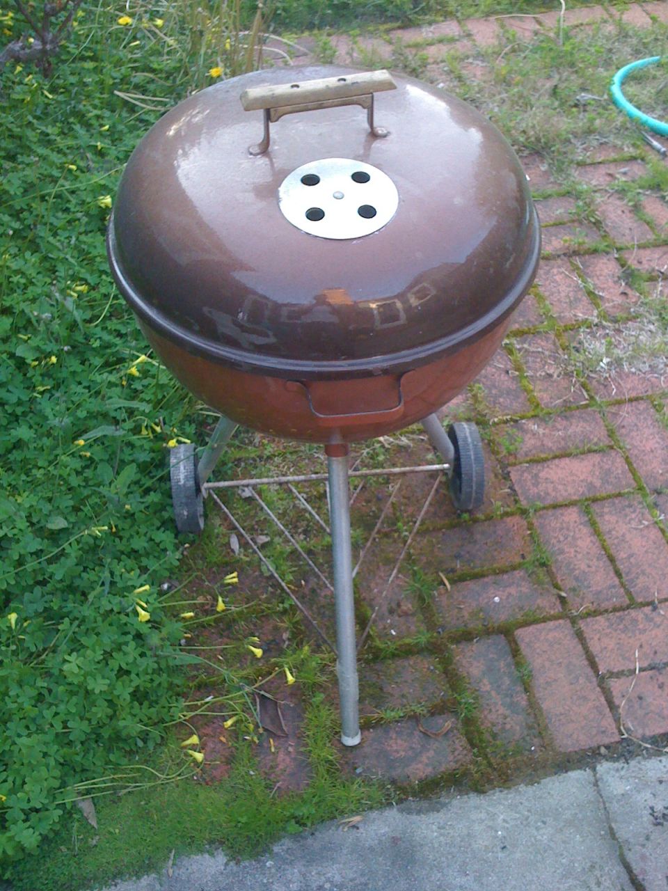brown kettle grill on brick patio with green plants