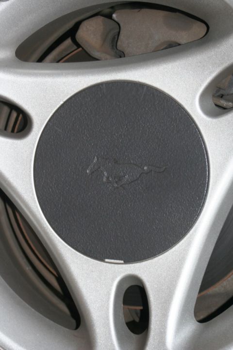 1976 Ford Ranchero - This is a close-up of a wheel center cap with a running horse emblem, likely from a Ford Mustang.