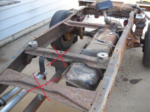 1954 Ford F-100 - This shot shows two crossmembers that will be removed and scrapped. Then I will need to move the last three forward along with the upper sh…