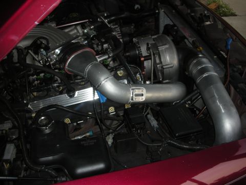 1992 Ford Crown Victoria - Custom intercooler piping and supercharger installed in the engine bay of a red vehicle.