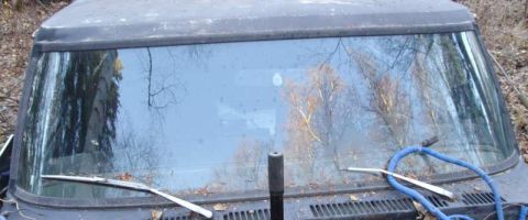 1979 Ford Bronco - The windshield of an older SUV shows reflections of trees and sky, with a blue hose visible on the dashboard.