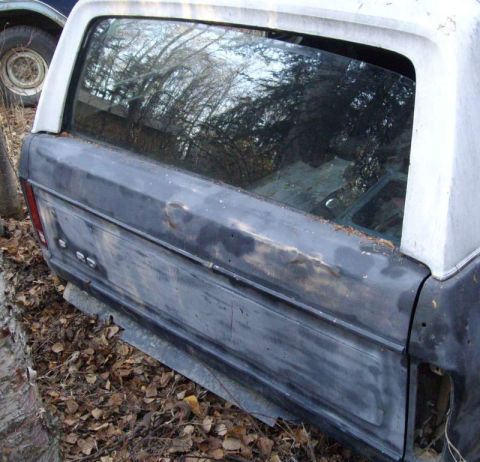 1979 Ford Bronco - The rear of a weathered Ford Bronco, possibly a 1978 model, sits outdoors with foliage reflected in its window.