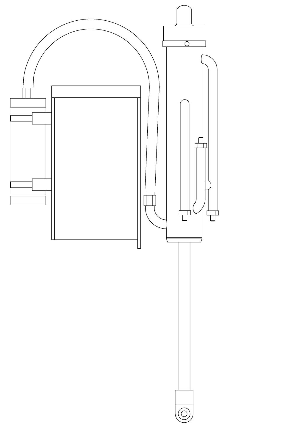 Line drawing of a coilover shock and reservoir assembly component