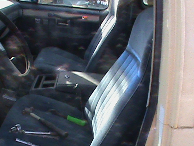 Interior view of a 1979 Chevrolet Blazer showing bucket seats and center console