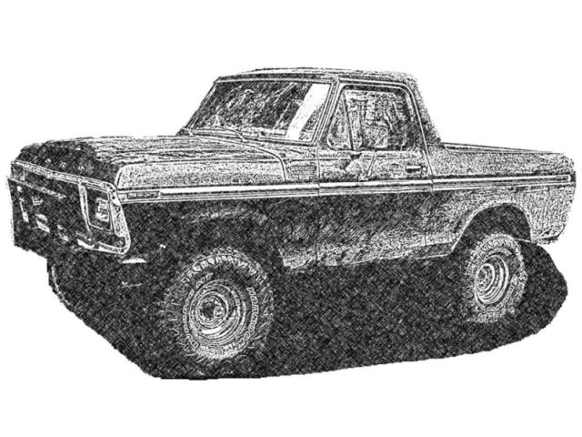 Just something I threw together for a side project with the truck, needed a line art/drawing of a 78/79 style bronco, so figured might as well use mine. A little cropping, a little processing and plugin work, add the shadow by hand, and voila; Done in GIMP 2.4.6.

I have this as big as 1280x701 for the project, but here is a smaller web version.