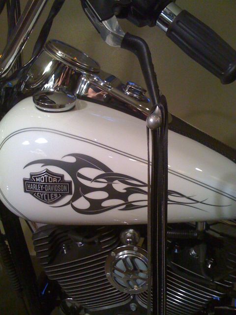 1984 Ford Bronco - Close-up of a Harley-Davidson motorcycle's white gas tank flame graphics and chrome accents.