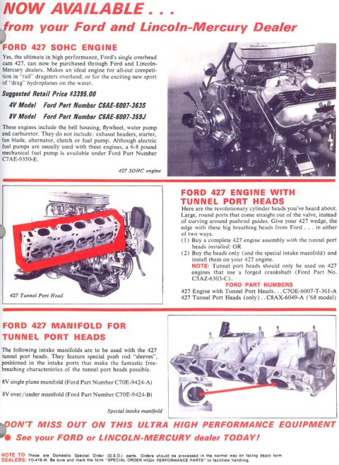 1978 Ford F-250 - Advertisement for the Ford 427 SOHC engine, detailing its features and part numbers.
