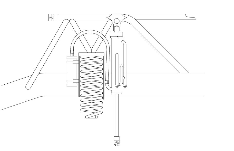 Line drawing of a coil spring and reservoir shock mounted to a chassis frame