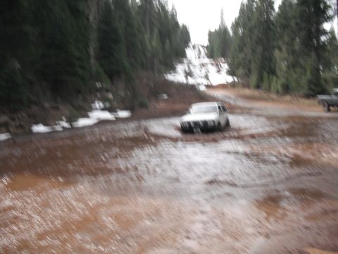 1991 Ford Bronco - A white SUV navigates a muddy and snowy path surrounded by trees, with another vehicle visible in the distance.