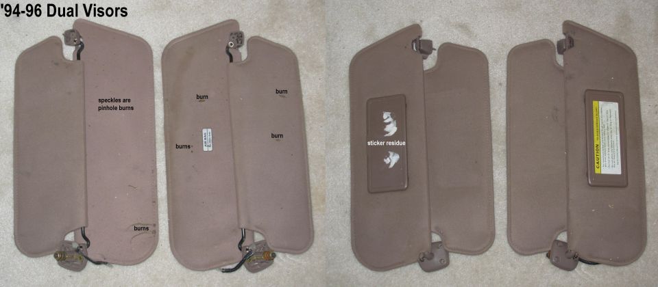 ROUGH '94-96 Mocha Dual Visors fit '80-96 Ford trucks, though pre-'87 may need minor metal trimming inside the roof.
IF THE IMAGE IS TOO SMALL, click it.

No wiring, but they only need fused power.  I can probably find some original-type screws. The sticker residue comes off with some fingernail effort.

[url=https://youtu.be/gERIvTqcl54?t=1367]This hour-long video[/url] shows how to reupholster the headliner & visors, but the link begins at the visors.