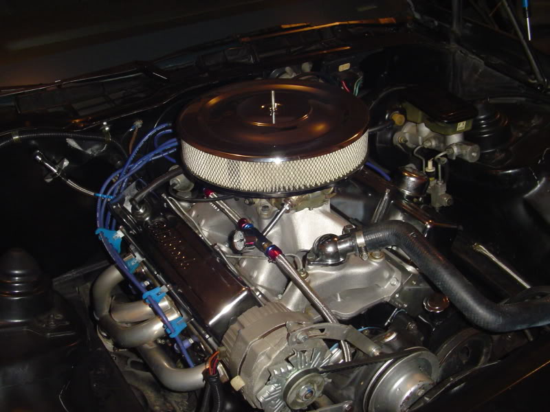 Carbureted V8 engine bay with chrome air cleaner, blue plug wires and braided lines