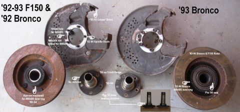 1983 Ford Bronco - Differences in steering knuckles, spindles, & hubs. Both sets shown are from '93 trucks. IF THE IMAGE IS TOO SMALL, click it. See also: [ur…