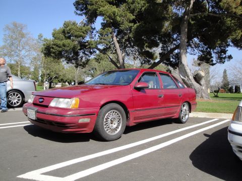 1995 Ford Taurus - A red sedan is parked in a lot next to other vehicles under a large tree.