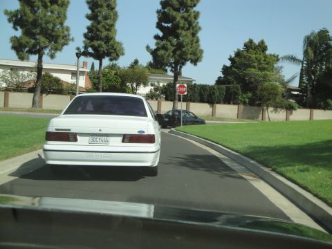 1995 Ford Taurus - Rear view of a white 1995 Ford Taurus driving on a suburban street, with another dark car visible at a stop sign.