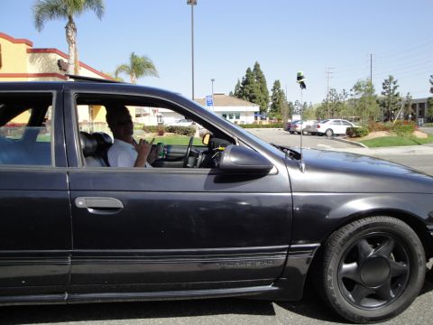 1995 Ford Taurus - A driver is visible inside the dark 1995 Ford Taurus sedan.