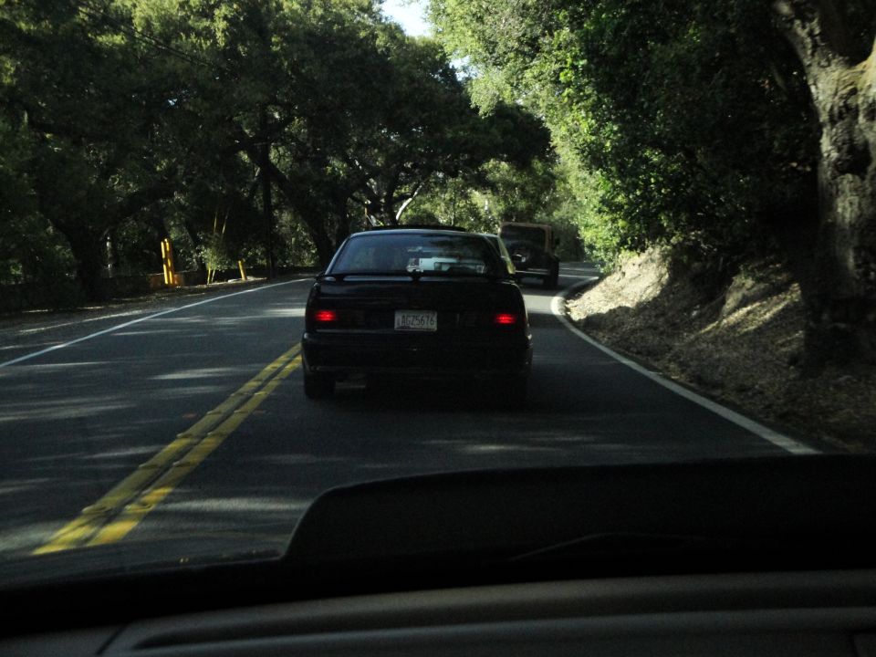 Black sedan driving on a tree-lined road, with another car behind it