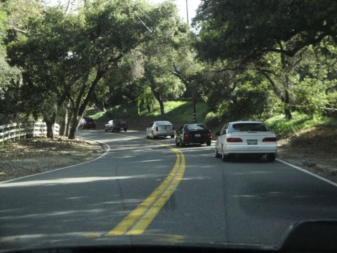 1995 Ford Taurus - Several vehicles travel along a curved road bordered by trees and a white fence.