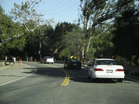 1995 Ford Taurus - A white sedan travels down a winding road bordered by trees and guardrails.