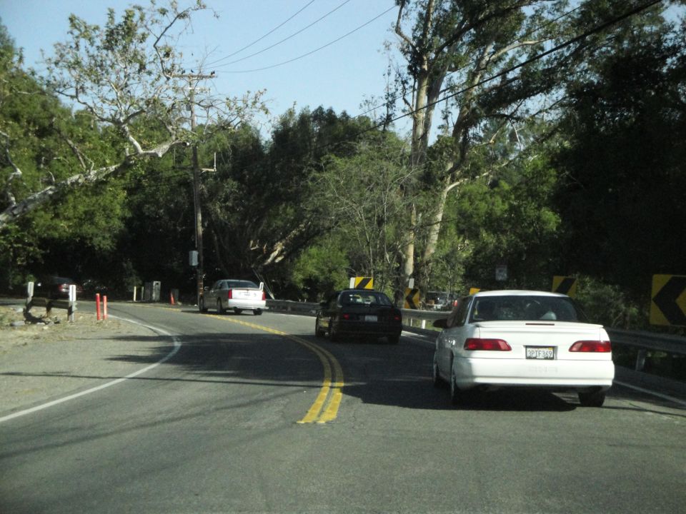 White sedan with a license plate reading 'JFP 369' driving on a two-lane road with trees and power lines overhead