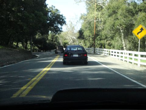 1995 Ford Taurus - Two vehicles travel down a two-lane road bordered by trees and a white fence, with a curve warning sign.