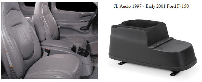 JL Audio center console subwoofer enclosure for 1997-2001 Ford F-150 beside gray truck interior