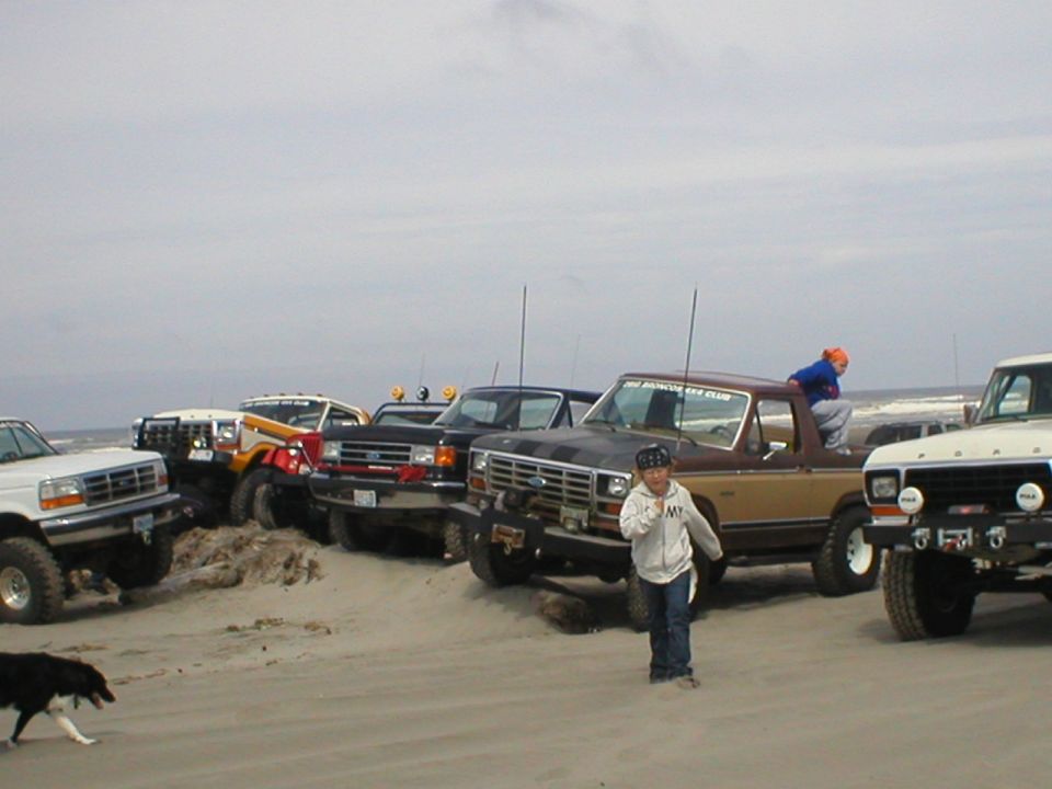 Several Ford trucks and Broncos parked on a sandy beach with people and a dog
