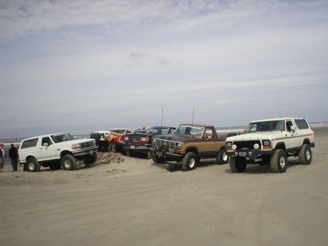 1978 Ford Bronco - Several trucks, including a white 1978 Ford Bronco, are parked on a sandy beach under a cloudy sky.