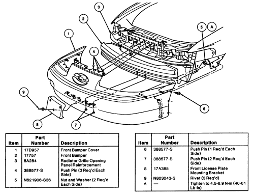 Front bumper and grille exploded parts diagram with numbered items and part number table