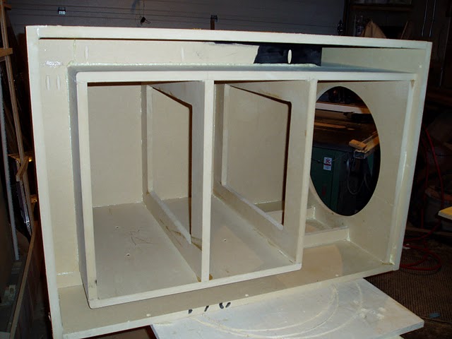 Painted multi-chamber speaker enclosure with round subwoofer port
