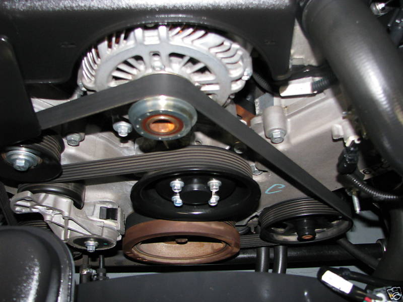 Engine belt system with alternator, pulleys, and serpentine belt