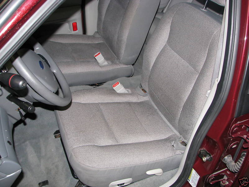Interior view of 2005 Ford Crown Victoria showing front seats and steering wheel