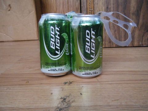 1981 Ford E350 - Two cans of Bud Light Lime beer are placed on a wooden floor next to a plastic six-pack ring.