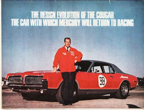 1967 Mercury Cougar - A 1967 Mercury Cougar is shown with a man in a racing jacket, highlighting its design evolution and return to racing.