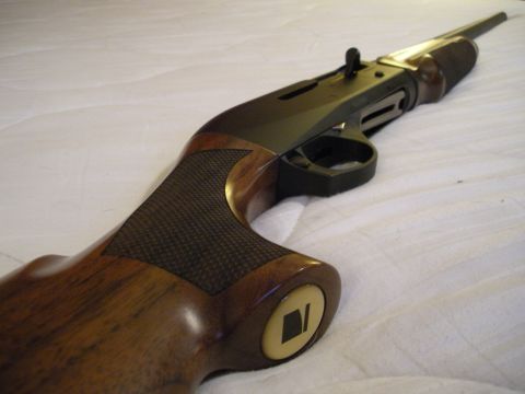 2005 Ford F-250 - A close-up view of a shotgun's stock, highlighting its wooden finish and grip texture against a white background.
