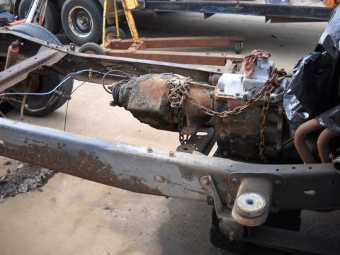 1954 Ford F-100 - Well today I pulled the T-18 transmission out of the chassis. I was hoping I could just pull the transmission mount off the T-18 transmissi…